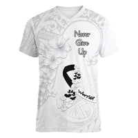 Lung Cancer Awareness Women V Neck T Shirt Never Give Up Polynesian Style LT05 Female White - Polynesian Pride
