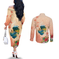 Hawaii Kauai Na Pali Coast Landscape Couples Matching Off The Shoulder Long Sleeve Dress and Long Sleeve Button Shirt