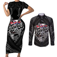 Hawaii November 28th Couples Matching Short Sleeve Bodycon Dress and Long Sleeve Button Shirt Kanaka Maoli Tribal Pattern LT05 Black - Polynesian Pride