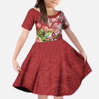 Puerto Rico Coqui Frog Family Matching Long Sleeve Bodycon Dress and Hawaiian Shirt Tropical Flowers Polynesian Style LT05 Daughter's Dress Red - Polynesian Pride
