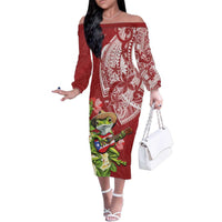 Puerto Rico Coqui Frog Family Matching Off The Shoulder Long Sleeve Dress and Hawaiian Shirt Tropical Flowers Polynesian Style LT05 Mom's Dress Red - Polynesian Pride