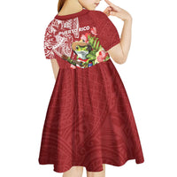Puerto Rico Coqui Frog Kid Short Sleeve Dress Tropical Flowers Polynesian Style - Polynesian Pride