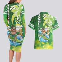 Hawaii Saint Patrick's Day Couples Matching Long Sleeve Bodycon Dress and Hawaiian Shirt Funny Surfing Leprechaun