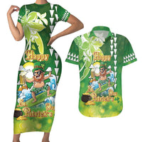 Hawaii Saint Patrick's Day Couples Matching Short Sleeve Bodycon Dress and Hawaiian Shirt Funny Surfing Leprechaun