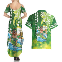Hawaii Saint Patrick's Day Couples Matching Summer Maxi Dress and Hawaiian Shirt Funny Surfing Leprechaun