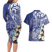 Personalised Hafa Adai Guam Couples Matching Long Sleeve Bodycon Dress and Hawaiian Shirt Latte Stone With Coconut Crab