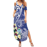 Personalised Hafa Adai Guam Family Matching Summer Maxi Dress and Hawaiian Shirt Latte Stone With Coconut Crab LT05 Mom's Dress Blue - Polynesian Pride
