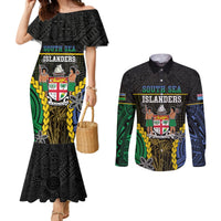 Personalised South Sea Islanders And Fiji Couples Matching Mermaid Dress and Long Sleeve Button Shirt Kanakas Fijian Tapa Pattern LT05 Black - Polynesian Pride