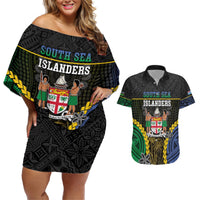 Personalised South Sea Islanders And Fiji Couples Matching Off Shoulder Short Dress and Hawaiian Shirt Kanakas Fijian Tapa Pattern LT05 Black - Polynesian Pride