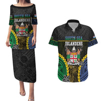 Personalised South Sea Islanders And Fiji Couples Matching Puletasi and Hawaiian Shirt Kanakas Fijian Tapa Pattern LT05 Black - Polynesian Pride