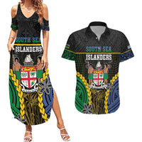 Personalised South Sea Islanders And Fiji Couples Matching Summer Maxi Dress and Hawaiian Shirt Kanakas Fijian Tapa Pattern LT05 Black - Polynesian Pride