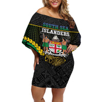 Personalised South Sea Islanders And Fiji Off Shoulder Short Dress Kanakas Fijian Tapa Pattern LT05 Women Black - Polynesian Pride