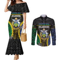 Personalised South Sea Islanders And Solomon Islands Couples Matching Mermaid Dress and Long Sleeve Button Shirt Kanakas Polynesian Pattern LT05 Black - Polynesian Pride