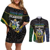 Personalised South Sea Islanders And Solomon Islands Couples Matching Off Shoulder Short Dress and Long Sleeve Button Shirt Kanakas Polynesian Pattern LT05 Black - Polynesian Pride