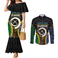 Personalised South Sea Islanders And Vanuatu Couples Matching Mermaid Dress and Long Sleeve Button Shirt Kanakas Sand Drawing Pattern LT05 Black - Polynesian Pride