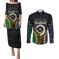 Personalised South Sea Islanders And Vanuatu Couples Matching Puletasi and Long Sleeve Button Shirt Kanakas Sand Drawing Pattern