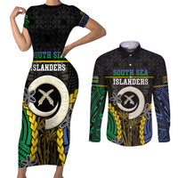 Personalised South Sea Islanders And Vanuatu Couples Matching Short Sleeve Bodycon Dress and Long Sleeve Button Shirt Kanakas Sand Drawing Pattern