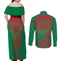 Custom Onehunga High School Couples Matching Off Shoulder Maxi Dress and Long Sleeve Button Shirt Maori Koru Pattern