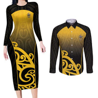Custom Motueka High School Couples Matching Long Sleeve Bodycon Dress and Long Sleeve Button Shirt Maori Koru Pattern