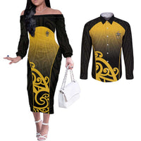 Custom Motueka High School Couples Matching Off The Shoulder Long Sleeve Dress and Long Sleeve Button Shirt Maori Koru Pattern