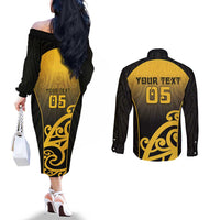 Custom Motueka High School Couples Matching Off The Shoulder Long Sleeve Dress and Long Sleeve Button Shirt Maori Koru Pattern