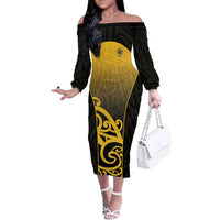 Custom Motueka High School Family Matching Off The Shoulder Long Sleeve Dress and Hawaiian Shirt Maori Koru Pattern LT05 Mom's Dress Black - Polynesian Pride