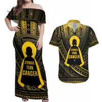 Personalised Polynesia Childhood Cancer Awareness Couples Matching Off Shoulder Maxi Dress and Hawaiian Shirt You Are Stronger Than Cancer LT05 Black - Polynesian Pride