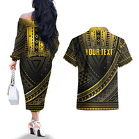 Personalised Polynesia Childhood Cancer Awareness Couples Matching Off The Shoulder Long Sleeve Dress and Hawaiian Shirt You Are Stronger Than Cancer