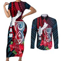 Guam Couples Matching Short Sleeve Bodycon Dress and Long Sleeve Button Shirts Latte Stone Mix Bougainvillea Polynesian Pattern LT05 Blue - Polynesian Pride