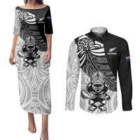 New Zealand Silver Fern Rugby Couples Matching Puletasi Dress and Long Sleeve Button Shirts World Cup 2023 Go Aotearoa Maori Pattern LT05 Black - Polynesian Pride