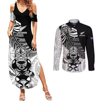 New Zealand Silver Fern Rugby Couples Matching Summer Maxi Dress and Long Sleeve Button Shirts World Cup 2023 Go Aotearoa Maori Pattern LT05 Black - Polynesian Pride