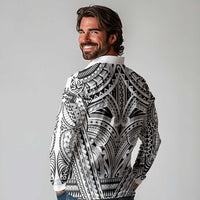 Polynesian Tattoo Inspired Cosplay Costume Long Sleeve Polo Shirt Tribal Warrior White - Polynesian Pride