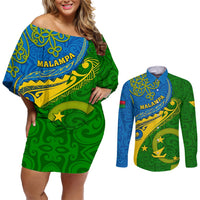Personalized Malampa Day Couples Matching Off Shoulder Short Dress and Long Sleeve Button Shirts Sand Drawing Vanuatuan Pattern LT05 Green - Polynesian Pride