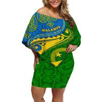 Personalized Malampa Day Off Shoulder Short Dress Sand Drawing Vanuatuan Pattern LT05 Women Green - Polynesian Pride