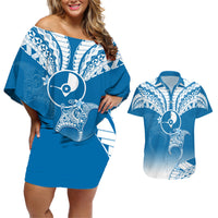 FSM Yap Constitution Day Couples Matching Off Shoulder Short Dress and Hawaiian Shirt Polynesian Batoids LT05 Blue - Polynesian Pride