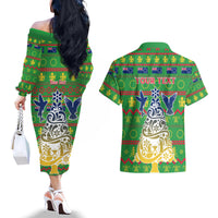 Personalised Cook Islands Christmas Couples Matching Off The Shoulder Long Sleeve Dress and Hawaiian Shirt Santa Coat Of Arms Meri Kiritimiti LT05 - Polynesian Pride