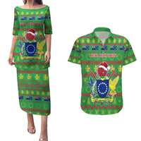 Personalised Cook Islands Christmas Couples Matching Puletasi Dress and Hawaiian Shirt Santa Coat Of Arms Meri Kiritimiti LT05 Green - Polynesian Pride