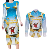 Fiji Christmas Couples Matching Long Sleeve Bodycon Dress and Long Sleeve Button Shirt Snow Globe With Fijian Santa LT05