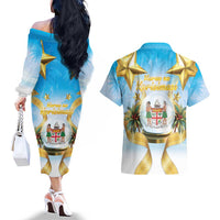 Fiji Christmas Couples Matching Off The Shoulder Long Sleeve Dress and Hawaiian Shirt Snow Globe With Fijian Santa LT05