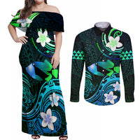 Personalised Hawaii Humuhumu Reef Triggerfish Couples Matching Off Shoulder Maxi Dress and Long Sleeve Button Shirt Turquoise With Plumeria LT05 Turquoise - Polynesian Pride