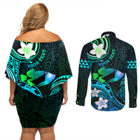 Personalised Hawaii Humuhumu Reef Triggerfish Couples Matching Off Shoulder Short Dress and Long Sleeve Button Shirt Turquoise With Plumeria LT05 - Polynesian Pride