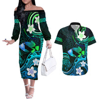Personalised Hawaii Humuhumu Reef Triggerfish Couples Matching Off The Shoulder Long Sleeve Dress and Hawaiian Shirt Turquoise With Plumeria LT05 Turquoise - Polynesian Pride