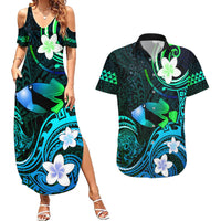Personalised Hawaii Humuhumu Reef Triggerfish Couples Matching Summer Maxi Dress and Hawaiian Shirt Turquoise With Plumeria LT05 Turquoise - Polynesian Pride