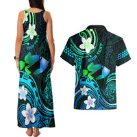 Personalised Hawaii Humuhumu Reef Triggerfish Couples Matching Tank Maxi Dress and Hawaiian Shirt Turquoise With Plumeria LT05 - Polynesian Pride