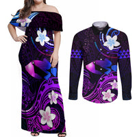 Personalised Hawaii Humuhumu Reef Triggerfish Couples Matching Off Shoulder Maxi Dress and Long Sleeve Button Shirt Violet With Plumeria LT05 Violet - Polynesian Pride