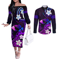 Personalised Hawaii Humuhumu Reef Triggerfish Couples Matching Off The Shoulder Long Sleeve Dress and Long Sleeve Button Shirt Violet With Plumeria LT05 Violet - Polynesian Pride