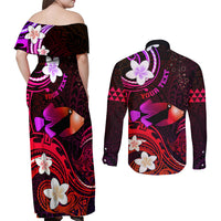 Personalised Hawaii Humuhumu Reef Triggerfish Couples Matching Off Shoulder Maxi Dress and Long Sleeve Button Shirt Maroon With Plumeria LT05 - Polynesian Pride