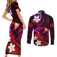Personalised Hawaii Humuhumu Reef Triggerfish Couples Matching Short Sleeve Bodycon Dress and Long Sleeve Button Shirt Maroon With Plumeria LT05 - Polynesian Pride