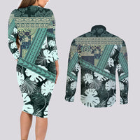 Hawaii Plant Kalo Couples Matching Long Sleeve Bodycon Dress and Long Sleeve Button Shirt Hawaiian Tapa Pattern LT05 - Polynesian Pride