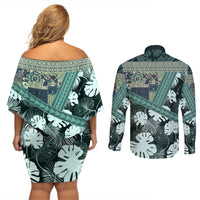 Hawaii Plant Kalo Couples Matching Off Shoulder Short Dress and Long Sleeve Button Shirt Hawaiian Tapa Pattern LT05 - Polynesian Pride